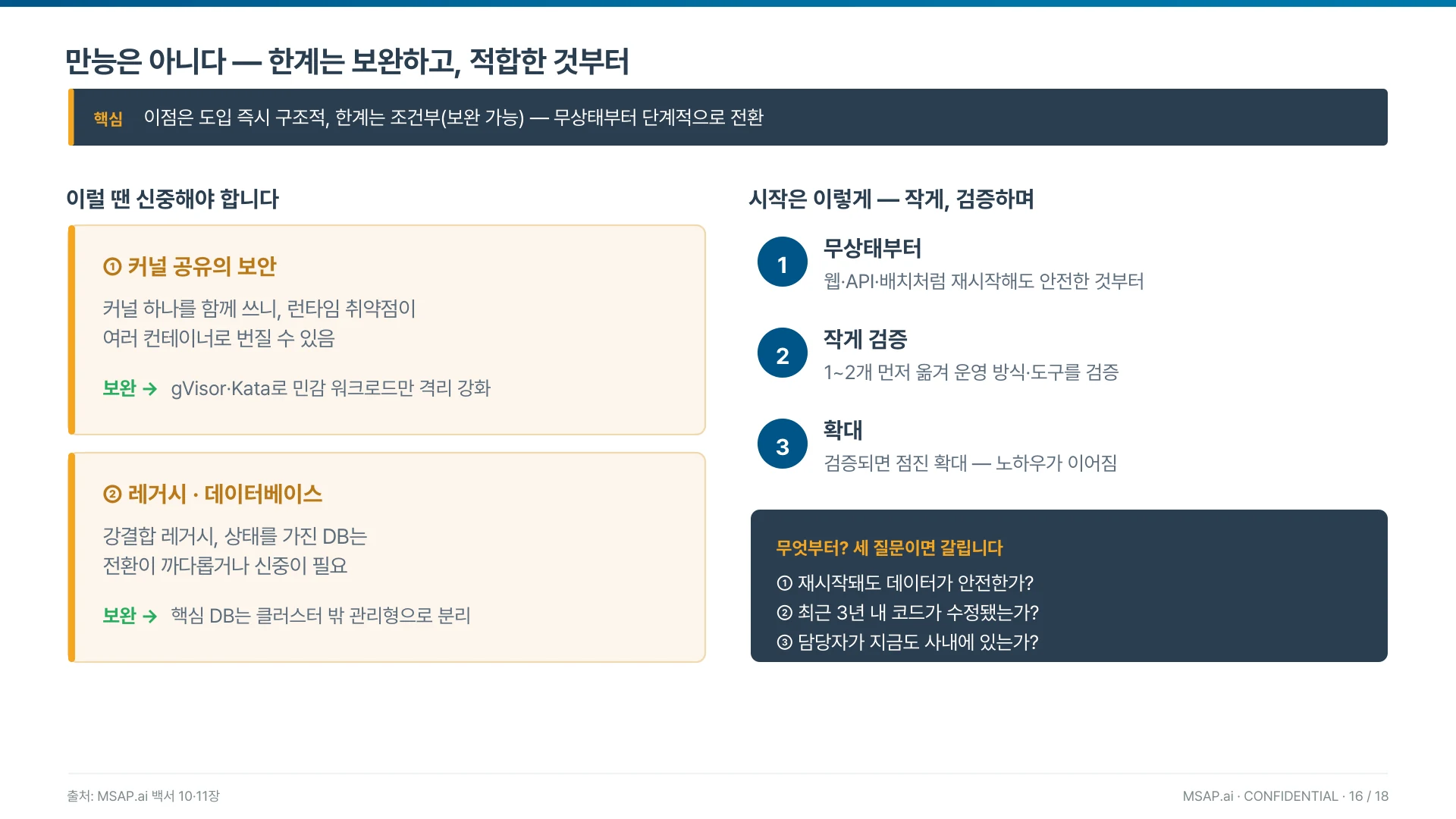 커널 공유와 레거시라는 두 한계는 각각 보완책이 있고, 전환은 무상태 앱부터 작게 시작한다