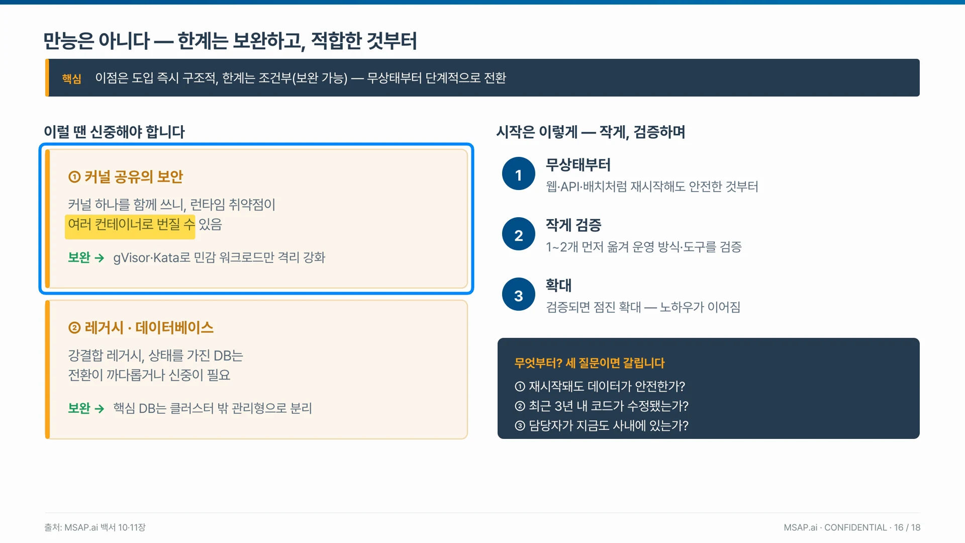 커널 공유의 보안과 강결합 레거시·데이터베이스가 컨테이너 전환의 두 가지 한계이며 각각 보완책이 있다.